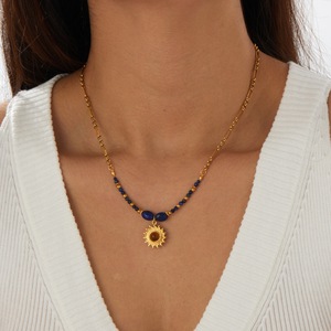 Lapis Lazuli Necklace Gold Sun Pendant Bezel Setting Everyday Wear Clavicle Chain Niche Retro Style - Product Image 2