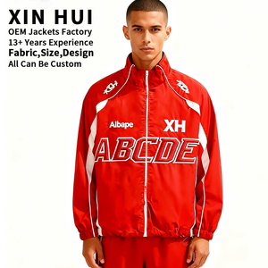 Veste de course d'hiver personnalisée pour homme, streetwear, broderie, patchwork, coupe-vent rouge, haute qualité, oversize, sport, fausse fourrure - Product Image 2