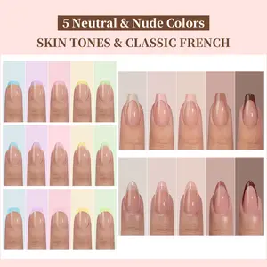 Nude นีออนที่มีสีสันภาษาฝรั่งเศสคํากดบนเล็บ 150 ชิ้น/กล่องขนาดกลางอัลมอนด์รูปไข่โลงศพบัลเล่ต์สแควร์เล็บเคล็ดลับ 3 ใน 1 ซอฟท์เจลเล็บเคล็ดลับ