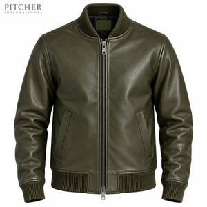 Blouson bomber en cuir vert olive pour homme, col côtelé, fermeture éclair - Product Image 1