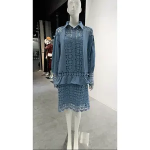 Produttori di abiti di colore personalizzato in pizzo Patch Shirt abito da donna abbigliamento all'ingrosso elegante a maniche lunghe abito Casual