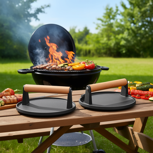 <b>Cast</b> Iron Grill Press 7in Wood Handle Pre Seasoned Outdoor Cookware 2Pcs Griddle <b>Pan</b> for BBQ Cooking - Product Image 2