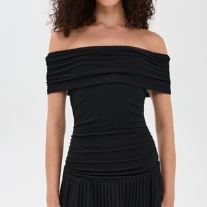 เดรสเปิดไหล่ข้างเดียวสีดำเป็นมิตรกับสิ่งแวดล้อมและซักได้เดรสมินิระบายอากาศน้ำหนักเบาเอวธรรมชาติสไตล์หวาน - Product Image 5