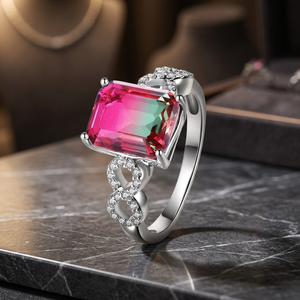 Bague de fiançailles en tourmaline pastèque de laboratoire, taille émeraude, sertie à griffes, plaquée rhodium, pour cadeau d'anniversaire - Product Image 3