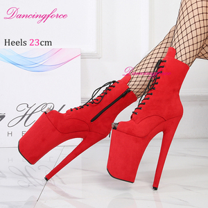Rouge 23cm 9 pouces talons hauts Faux daim Sexy bout ouvert pôle danse bottines Zip automne été décapant plate-forme chaussures pour femmes - Product Image 5