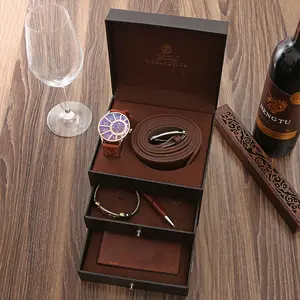 Bien regalo para hombres 3 cajón caja de regalo reloj de cuarzo cuero cinturón lapicero llavero cartera pulsera de 6 uds reloj conjunto de regalos hombre