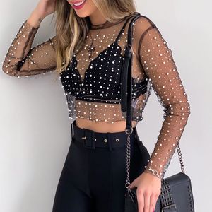 XS-3XL <strong>Plus</strong> <strong>Size</strong> Women Sexy <strong>Mesh</strong> See Through Crop <strong>Top</strong> Summer Long Sleeve Pearl Beading Shirt - Product Image 3