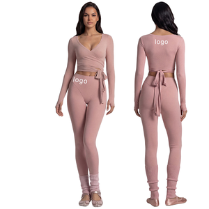 Conjunto de Top de Yoga de Manga Larga y Leggings de Cintura Alta, Premium, Sólido, de Nailon y Spandex Elástico, Ropa Deportiva para Actividades al Aire Libre, 2 Piezas - Product Image 1