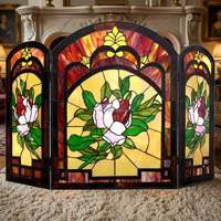 Paravent de cheminée en vitrail 3 panneaux motif floral irisé, décoration traditionnelle, forme cathédrale, solide, artistique pour salon