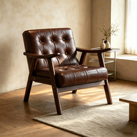 Fauteuil en bois massif de style moderne du milieu du siècle, fauteuil d'appoint en cuir capitonné rétro, fauteuil de salon individuel
