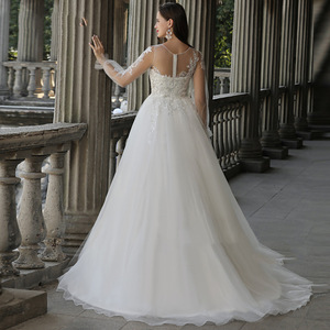 Wedding Dress A-Line O-Neck Long Sleeve Floor Length With Train Simple White Princess Style Mesh Natural Waistline - Product Image 3