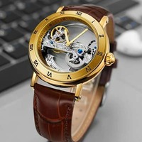 Montres Mécaniques Golden Bridge Squelette Automatique Mode Homme Luxe Bracelet en Cuir Véritable Mouvement Gravé Aiguille Lumineuse