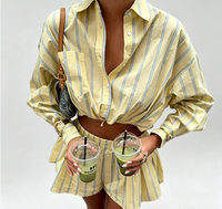 Ensemble chemise et short rayé à manches longues en coton, nouvelle collection printemps, col chemise, décontracté, deux pièces, séchage rapide, respirant, pour femme