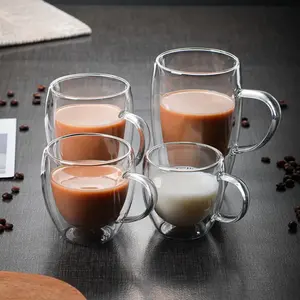 Tazza da caffè in vetro borosilicato trasparente resistente al calore a doppia parete all'ingrosso tazza da tè con manico doppio strato di alta qualità