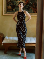 Robe de vacances à pois style français Nicecover, robe sirène mi-longue en satin noir à col halter, coupe ajustée