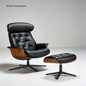 Fauteuil de bureau pivotant en cuir de style mid-century moderne avec repose-pieds, structure en bois, dossier capitonné, appui-tête intégré et pieds en métal - Product Image 6