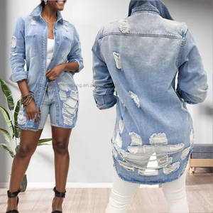 Abrigos Largos de Mezclilla con Diseño Desgarrado y Bolsillos para Mujer, a la Moda - Product Image 3