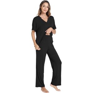 Conjunto de pijama de manga corta con cuello en V y bolsillos de viscosa de bambú para mujer, pijamas modales para mujer - Product Image 1