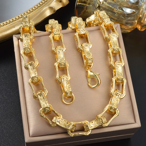 unisex bulk wholesale gold plated stainless steel hollow rectangular carved wide polished <b>matching</b> necklace set <b>bracelets</b> - Product Image 5