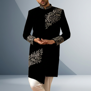 NEW-BEAUTIFUL-EMBROIDERY on GROOM BLACK SHERWANI & WHITE <b>PANT</b> Men's Suits & Blazer>Men's Suits - Product Image 4