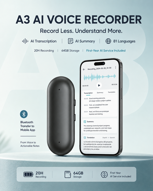 2026 New AI Voice Recorder with Magnetic Charging, AI Transcription & 81 Languages Support, 64GB Factory Direct Sale
