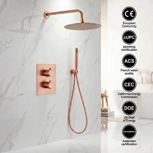 Gold Round <strong>Thermostatic</strong> <strong>Shower</strong> Sets Rainfall Showerhead Bathroom High Pressure Faucets Shelf Accessories Combo Rough in <strong>Valve</strong> - Product Image 1