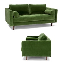 Set Sofa Chesterfield Dua Dudukan Warna Hijau Rumput Bahan Beludru dengan Rangka Kayu Solid dan Kaki Lipat, Cocok untuk Gym, Vila, Kamar Tidur, Sekolah, Ruang Tamu