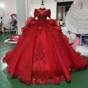 Mc056 Ruby Red Glitter Organza Party Dress Boat Neck Beaded Fringe Shoulder Ruffle Sequin Embroidered <b>Ball</b> <b>Gown</b> <b>Vintage</b> Chapel - Product Image 1