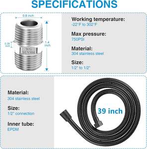 Rallonge de <span class=keywords><strong>Douche</strong></span> <span class=keywords><strong>Flexible</strong></span> Moderne <span class=keywords><strong>Noir</strong></span> Mat avec Connecteur, Tuyau de <span class=keywords><strong>Douche</strong></span> à Main de 39 Pouces avec Insertion d'Écrou 1/2 1/2 - Product Image 2