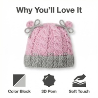 Gorro de bebé hecho a mano 100% algodón, rosa y gris con bloques de color, gorro de punto suave con detalles de pompón 3D, gorro de invierno cálido de ganchillo común