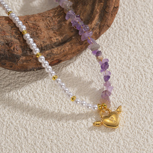 Moda empalme barroco agua dulce perla naturaleza piedra collar con cuentas gran oferta Acero inoxidable corazón llave cerradura colgante collar - Product Image 3