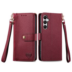 Funda con tapa tipo billetera con diseño de corazón para <span class=keywords><strong>Samsung</strong></span> A35 A55 con cuerda, para iPhone 15 Promax Funda de cuero con cremallera con ranuras para tarjetas - Product Image 3