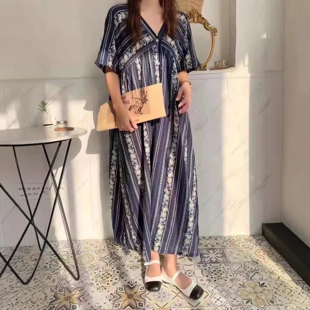 Women Plus Size Boho V Neck Maxi Dress Short Sleeve Striped Floral Print Gathered Yoke Relaxed Fit Summer Long Tunic Tops