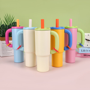 Large Capacity 304 Stainless Steel Thermos Cup Multi-Color Arc-Shaped Straw Handle Promotional Drinkware