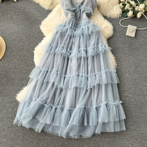 हाई एंड लाइट गॉज़ ड्रेस स्वीट लकड़ी के कान के किनारे स्लम्बदार स्लिम जाल पोशाक - Product Image 5