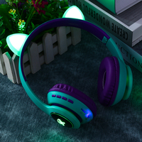 Headset Nirkabel On-Ear Lipat dengan Lampu LED Mikrofon Kompatibel dengan Ponsel Pintar Tablet PC Headphone Telinga Kucing Anak-anak