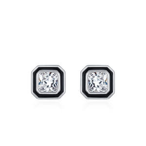 Pendientes de botón personalizables de plata de ley S925 con circonita de corte princesa cuadrado, estilo clásico retro minimalista para mujer. - Product Image 1
