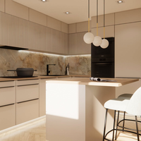 Meuble de cuisine moderne de luxe en bois sur mesure avec îlot en quartz, machine à laver intégrée, design sans poignée, accessoires à fermeture douce, en forme de L