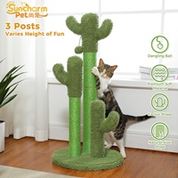 Grand arbre à chat classique de luxe en bois avec design cactus, griffoir à 3 poteaux et boule interactive suspendue