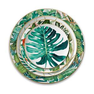 <span class=keywords><strong>Service</strong></span> de table de luxe en or véritable motif feuille tropicale, assiette de présentation en céramique jungle en <span class=keywords><strong>porcelaine</strong></span> fine, tasse à café et bol en <span class=keywords><strong>porcelaine</strong></span> pour événements hôteliers - Product Image 6