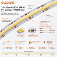Lampu Strip LED COB CCT 3-Kawat 24V 10mm Bersertifikasi CE RoHS 560LED Ra90 2700K6500K 1100lm Tanpa Titik Linear Tape Pencahayaan Komersial