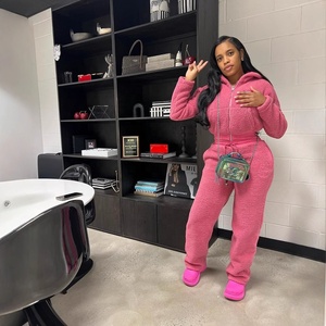 Pakaian Wanita Musim Dingin Tetap Hangat Tebal Dua Potong Hoodie Resleting Atasan dan Celana Panjang Kasual Set Dua Potong Warna Pink - Product Image 3