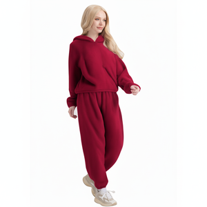 Tc421r Tuta da donna in pile con cappuccio, vestibilità ampia, tinta unita, casual, per l'autunno, con tasche laterali e vita elasticizzata - Product Image 1