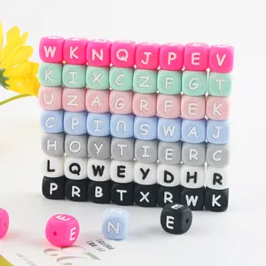 12mm Square Cube Shape Alphabet Letter Soft Chew Bead Baby Silicone Teething Beads For Pen Keychain Necklace Jewelry Making