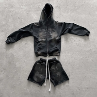 Ensemble sweat à capuche et short vintage délavé à l'acide, effet usé, 400 g/m², sweat à capuche personnalisé avec fermeture éclair, short imprimé en relief