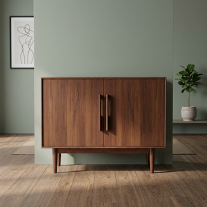 Buffet en teck de style mid-century avec longues poignées verticales en bois - Product Image 2