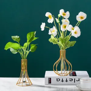 现代家庭桌子插花装饰水培花瓶金属植物支架金色支架透明花瓶