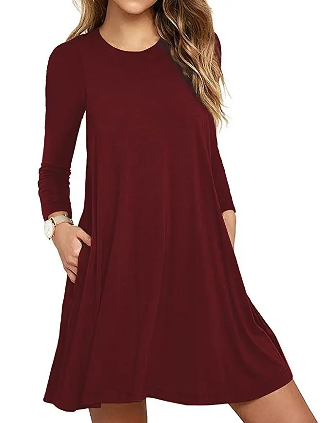 Solid Colour Round Neck Hem Pocket Dress Women Loose Casual Dress With Pocket Cheap Long Sleeve Shirts Dress
