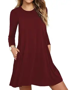 Solid Colour Round Neck Hem Pocket Dress Women Loose Casual Dress With Pocket Cheap Long Sleeve Shirts Dress