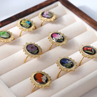 Bague en résine avec fleurs séchées véritables, faite à la main, ovale, dorée, réglable, bijoux floraux pressés naturels, cadeau pour femmes